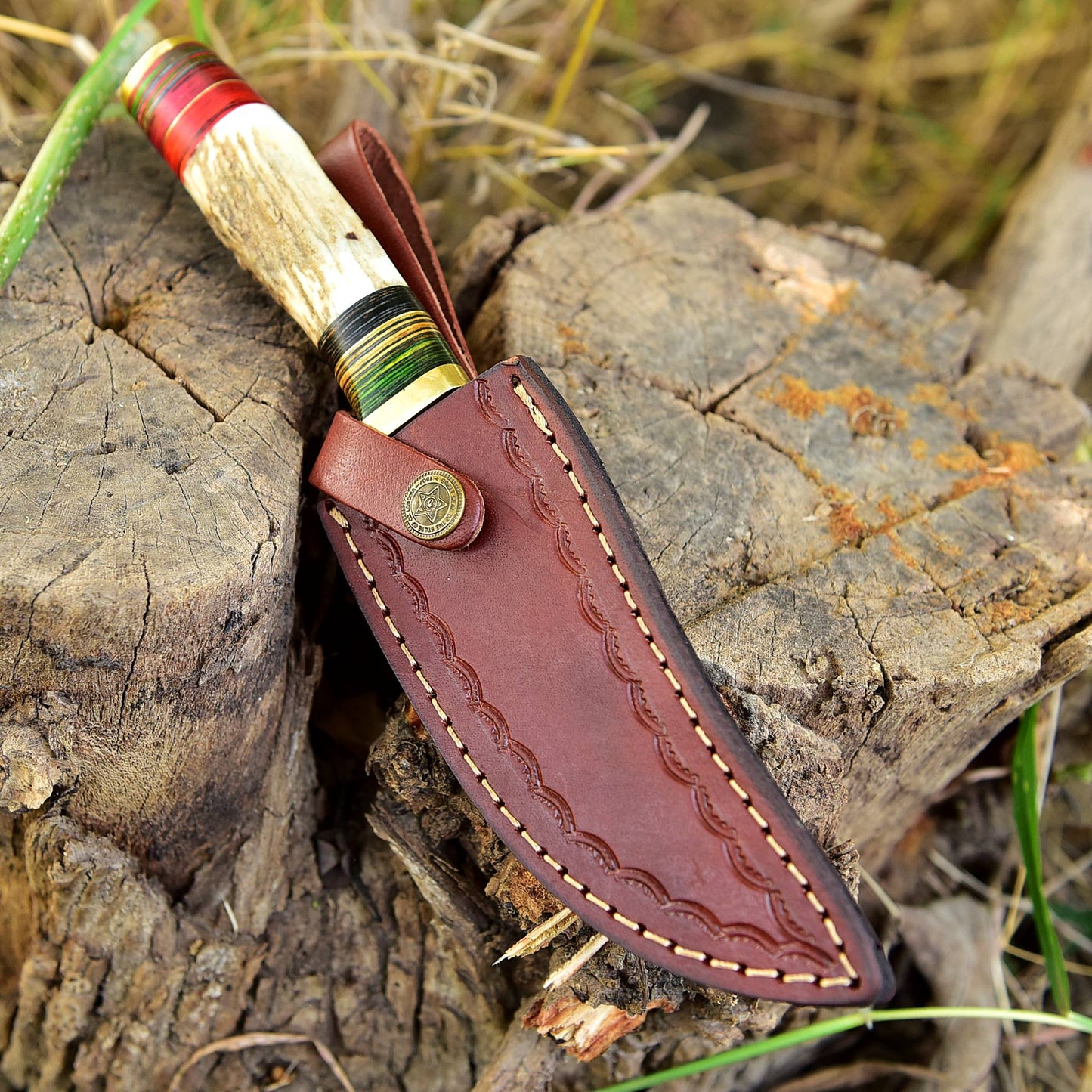 Custom Hand Forged Damascus Steel Adventure Camping EDC Knife Stage Handle