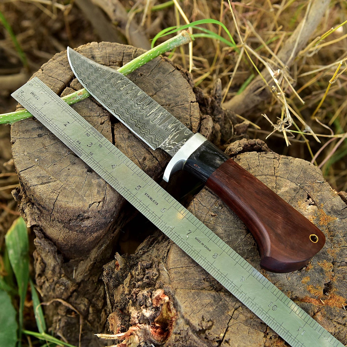 Handmade Damascus Steel Skinner Fixed Blade Knife EDC Wood Handle