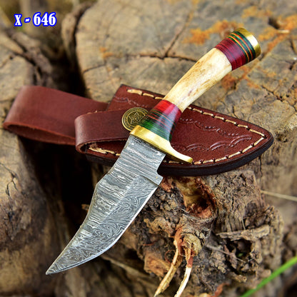 Handmade Damascus Steel Outdoor Fixed Blade Hiking Skinner Knife Stage Handle