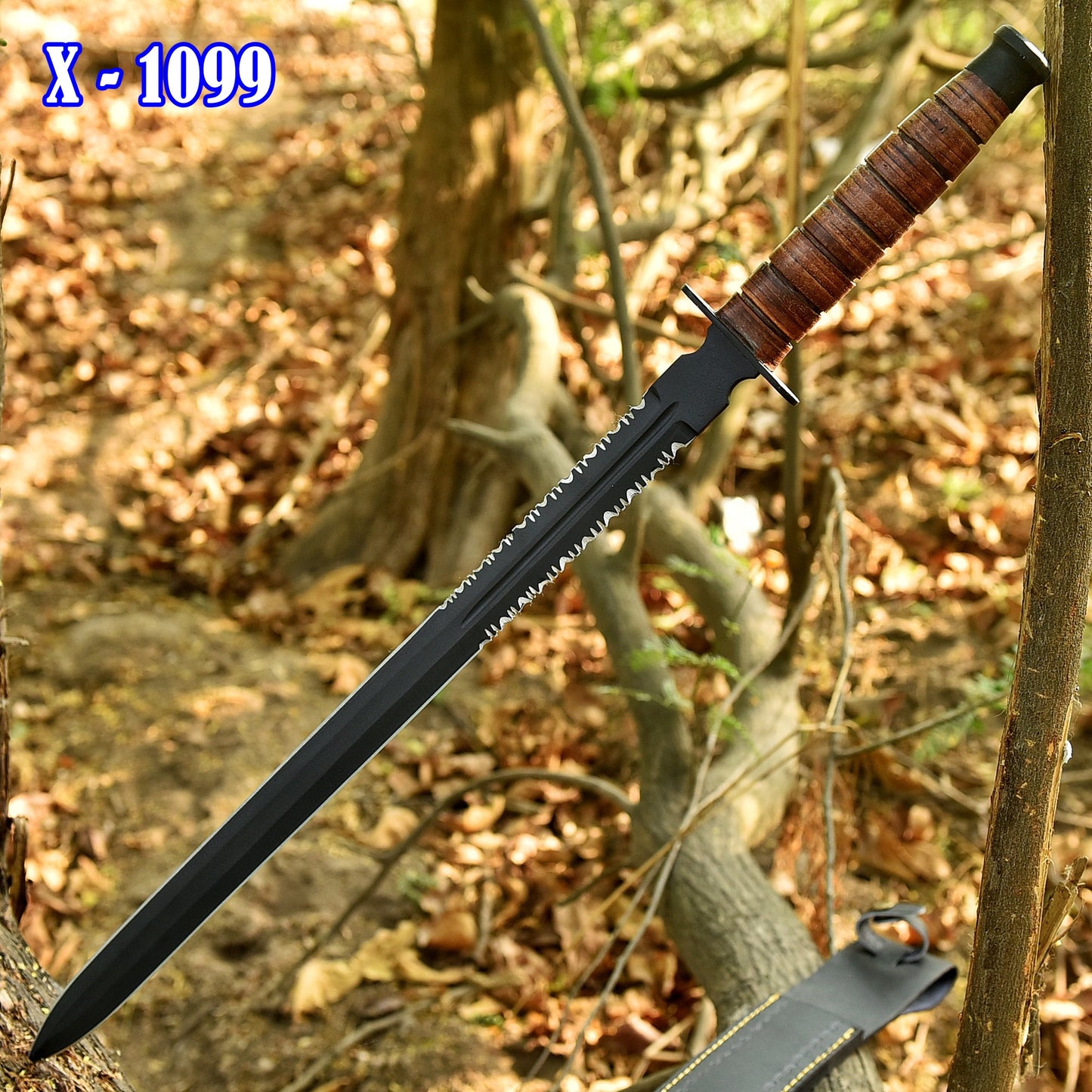 Handcrafted Carbon Steel Double Edged D2 Blade Sword Leather Handle