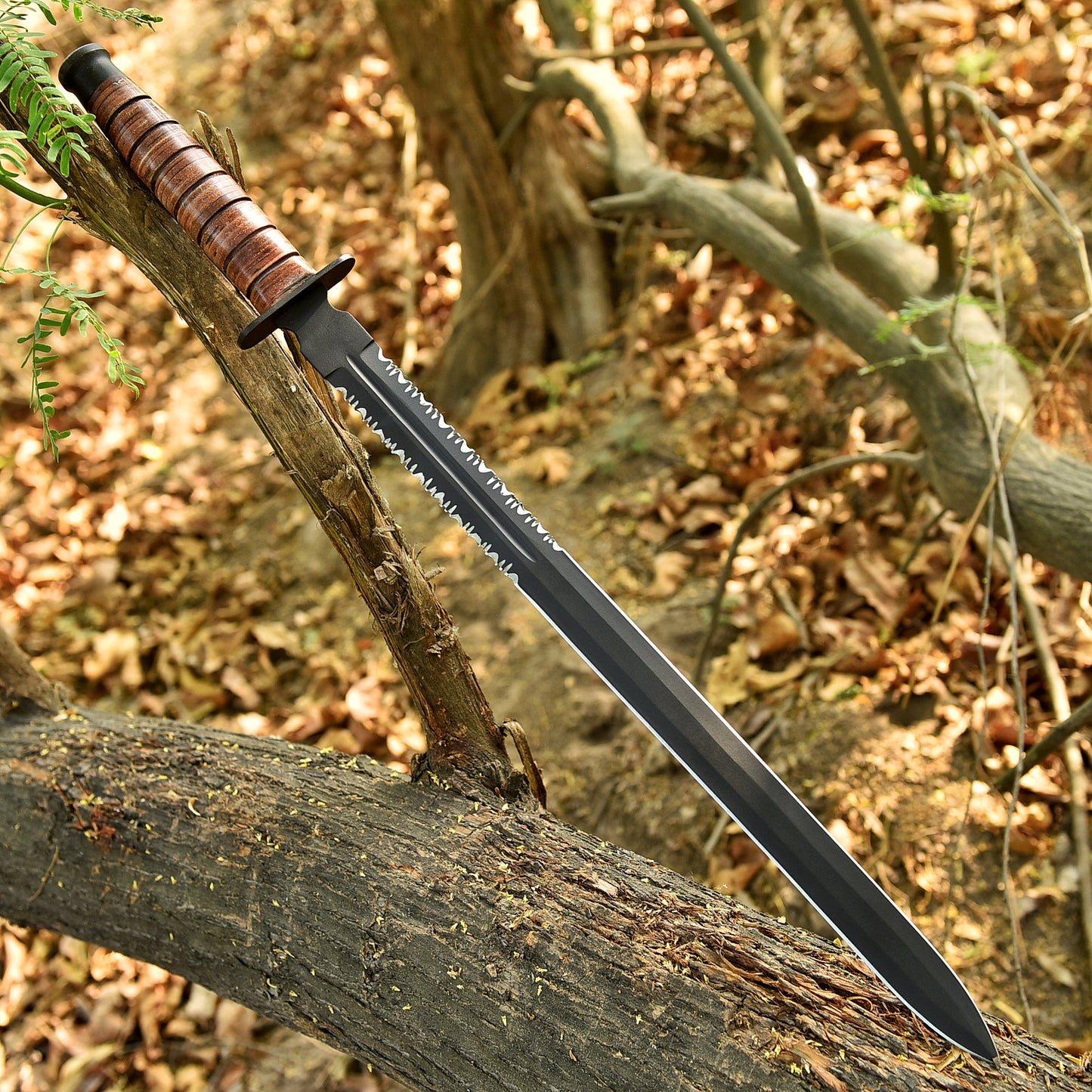 Handcrafted Carbon Steel Double Edged D2 Blade Sword Leather Handle