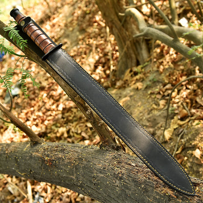 Handcrafted Carbon Steel Double Edged D2 Blade Sword Leather Handle