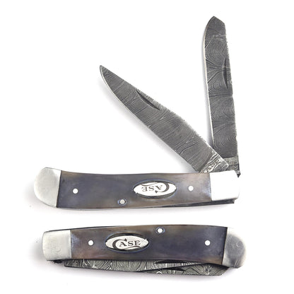 Trapper Pocket Knife – CAMEL BONE Handle – Dual Blade–Damascus Steel Folding-USA