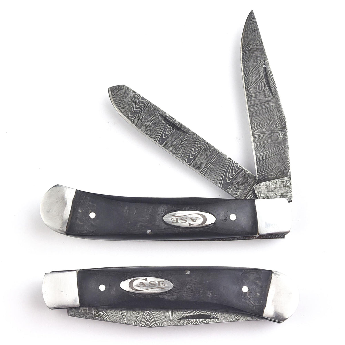 Trapper Pocket Knife – CAMEL BONE Handle – Dual Blade–Damascus Steel Folding-USA