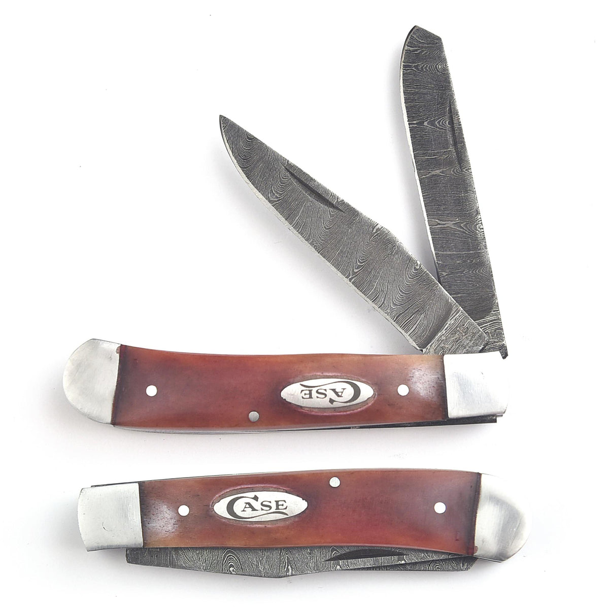Trapper Pocket Knife – CAMEL BONE Handle – Dual Blade–Damascus Steel Folding-USA