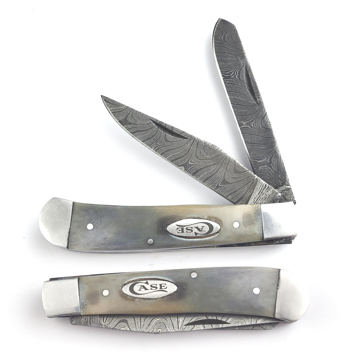 Trapper Pocket Knife – CAMEL BONE Handle – Dual Blade–Damascus Steel Folding-USA