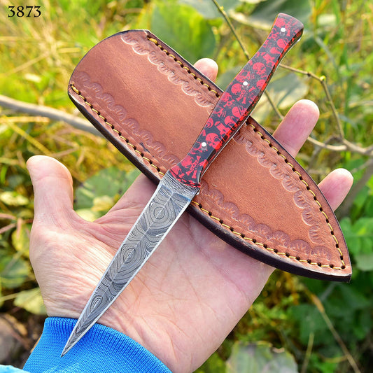 Handmade Damascus Steel Dagger Knife - Full Tang Knife - Red Skull Resin Handle