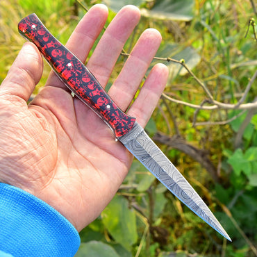 Handmade Damascus Steel Dagger Knife - Full Tang Knife - Red Skull Resin Handle