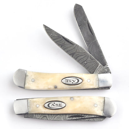 Trapper Pocket Knife – CAMEL BONE Handle – Dual Blade–Damascus Steel Folding-USA