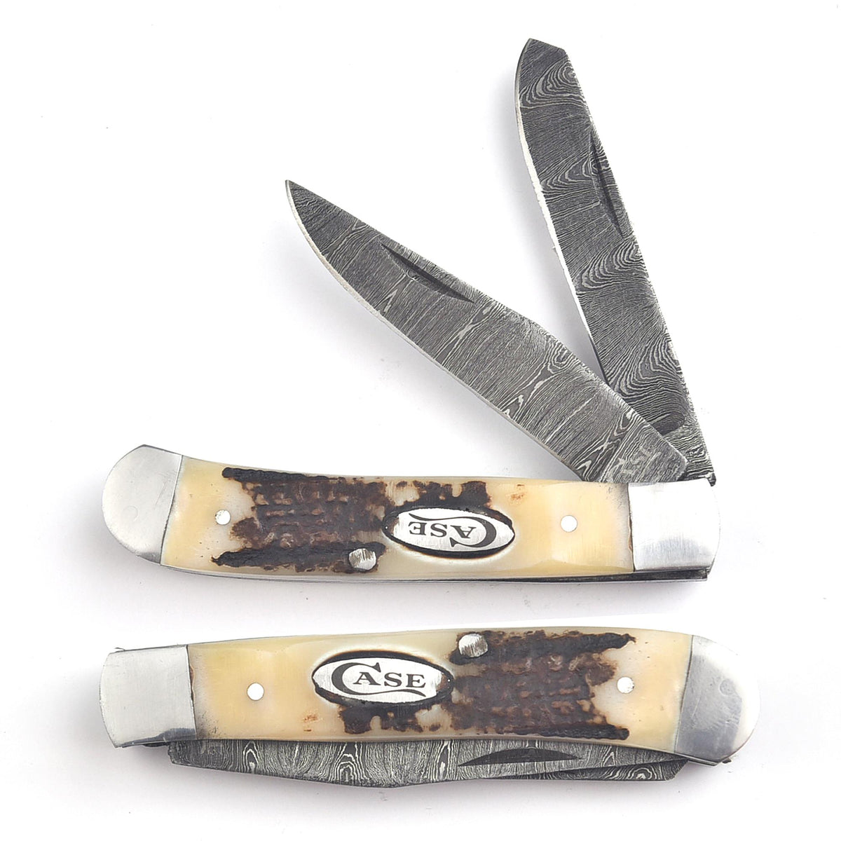 Trapper Pocket Knife – CAMEL BONE Handle – Dual Blade–Damascus Steel Folding-USA
