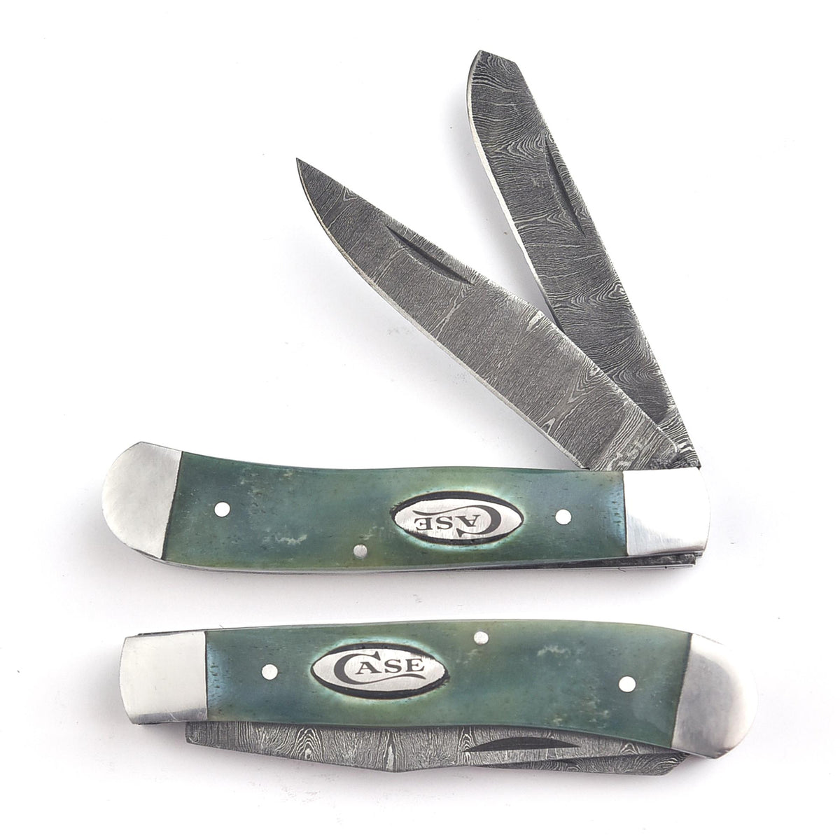 Trapper Pocket Knife – CAMEL BONE Handle – Dual Blade–Damascus Steel Folding-USA