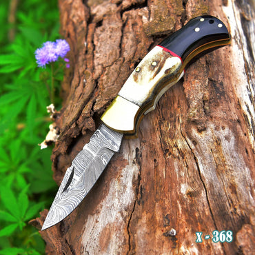 Handmade Damascus Steel Hunting Pocket Folding Knife with BackLock - Camping Folding Blade With Stag & Wood Handle