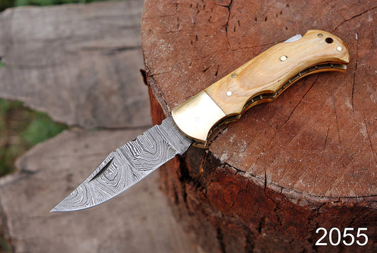 Handcrafted Damascus Steel Folding Pocket Knife Wood Brass Bolster Handle