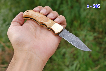 Handcrafted Damascus Steel Folding Pocket Knife Wood Brass Bolster Handle