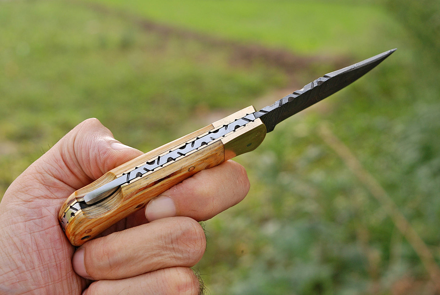 Handcrafted Damascus Steel Folding Pocket Knife Wood Brass Bolster Handle