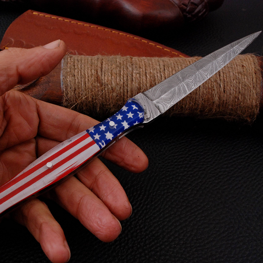 8.5" Damascus Knife US Flag Handle Ideal Boot Fixed Dagger with Leather Sheath x-128