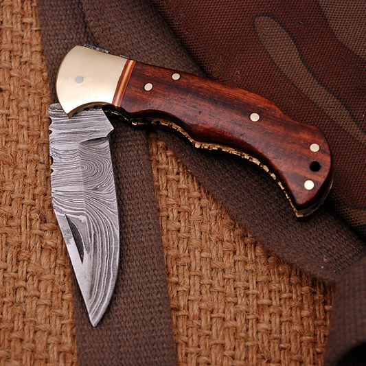 Handmade Damascus Pocket Knife - 6.5'' Back Lock Folding Knife Wood Handle - Camping Knife x-420