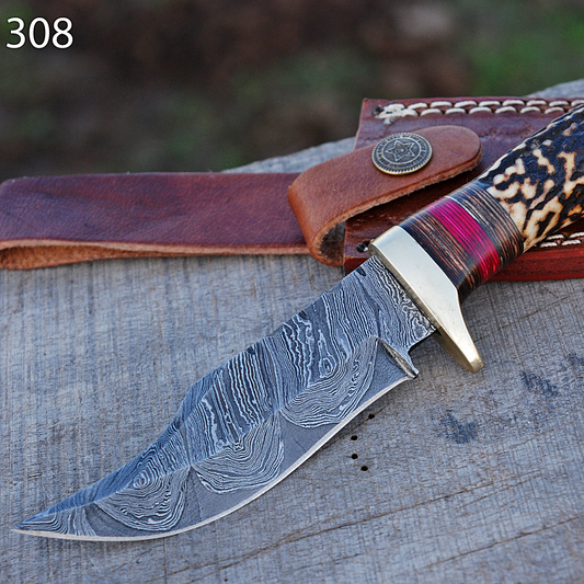 Handmade Damascus Steel Hunting Knife Original Stag Handle & Brass Guard with Leather Sheath