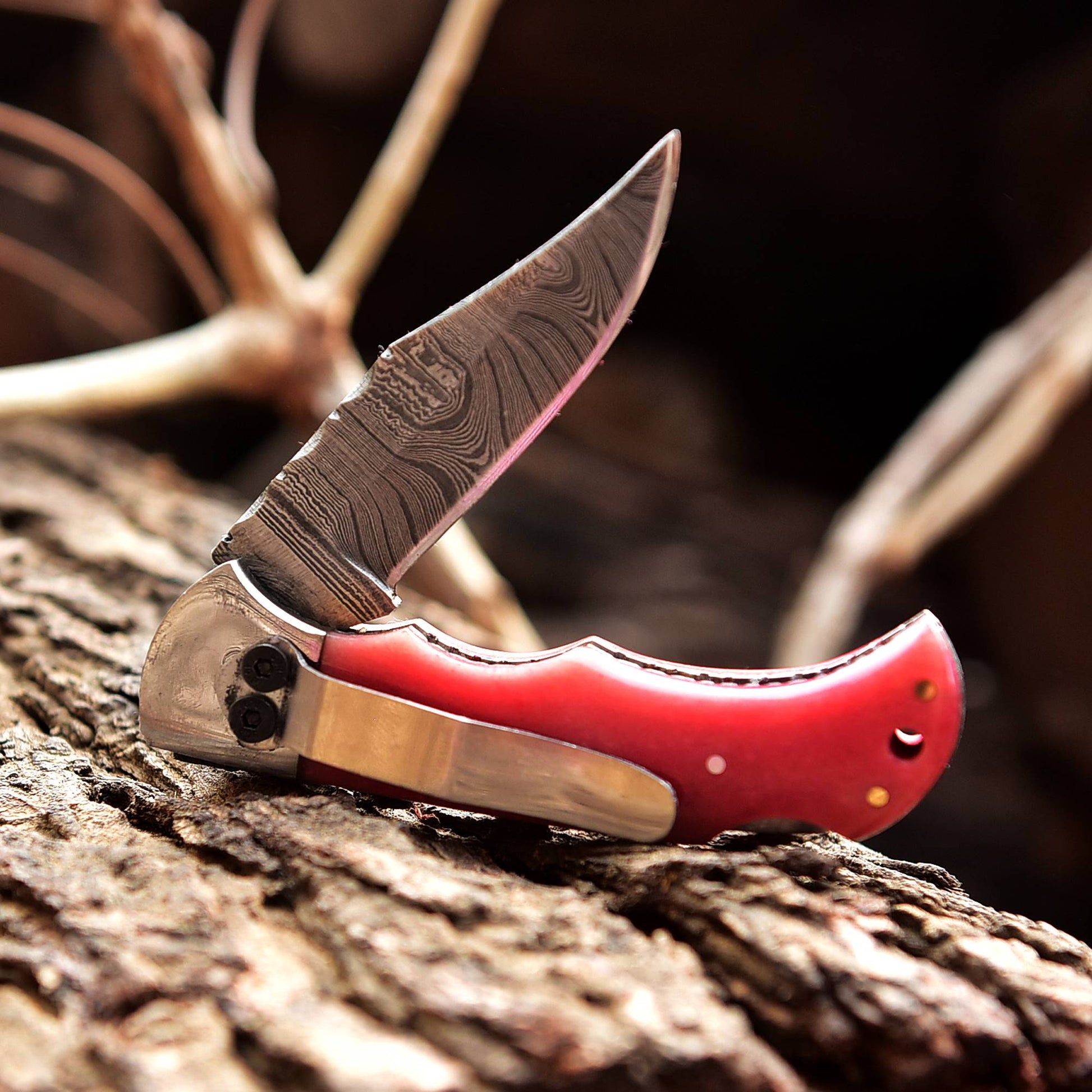 Handmade Damascus Pocket Folding Blade Knife - Clip Holder - Pink Bone Handle