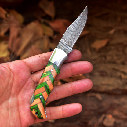 Custom Handmade Damascus Steel Folding Blade Pocket Knife With Sheath