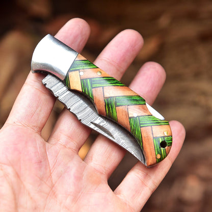 Custom Handmade Damascus Steel Folding Blade Pocket Knife With Sheath