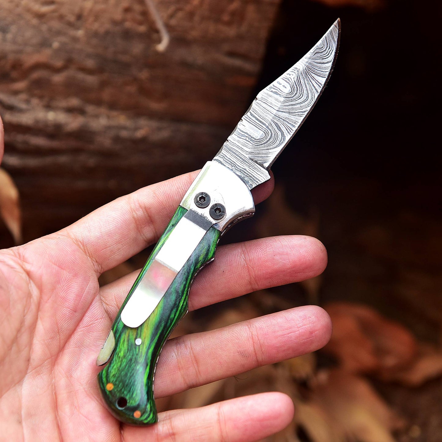 Handmade Damascus Steel Outdoor Hunting  Folding Pocket Knife Wood Handle