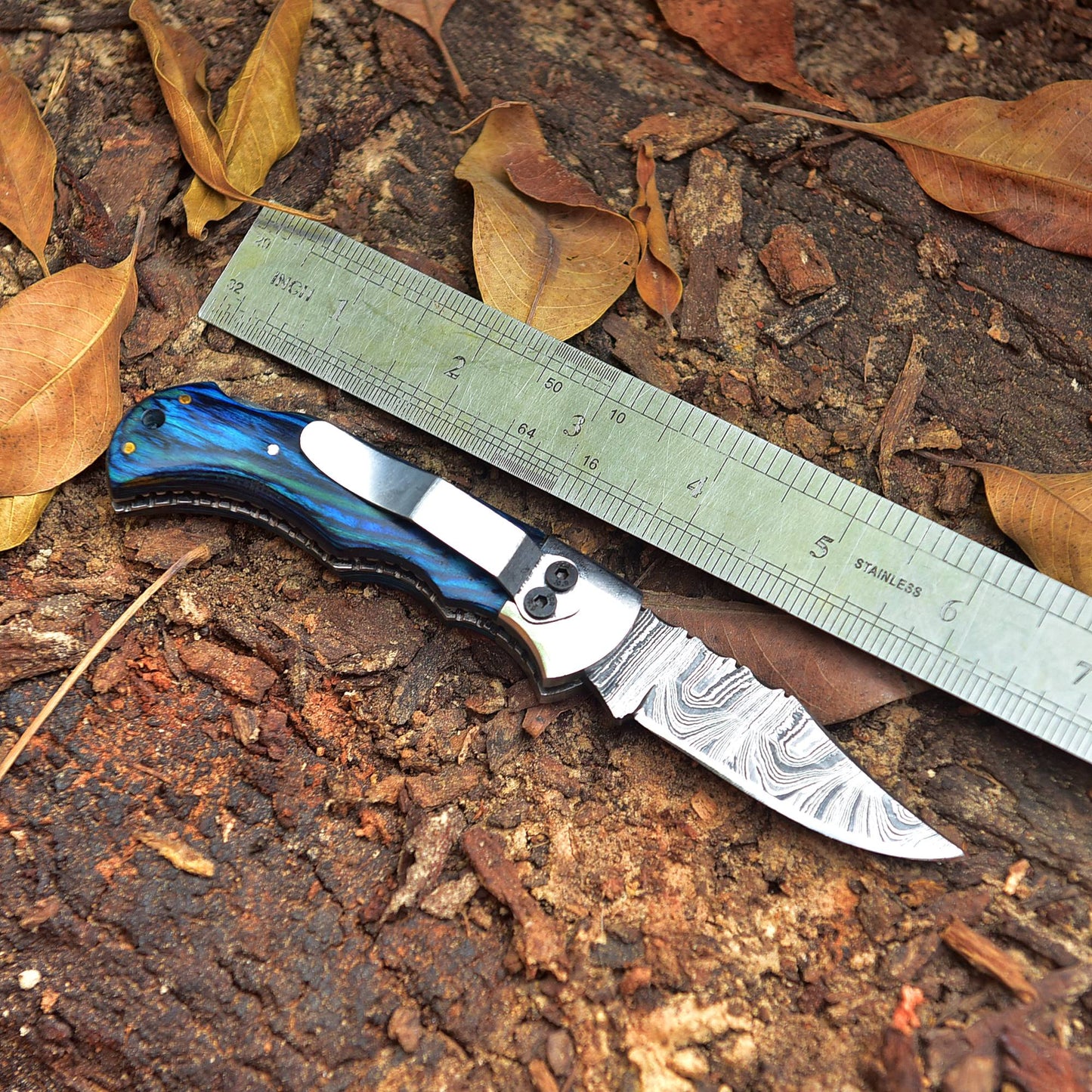 Handmade Damascus Steel Hunting Folding Blade Pocket Knife Wood Handle