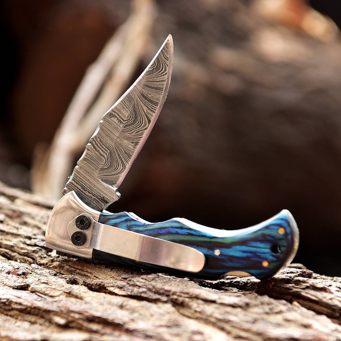 Handmade Damascus Steel Hunting Folding Blade Pocket Knife Wood Handle