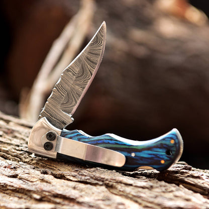 Handmade Damascus Steel Hunting Folding Blade Pocket Knife Wood Handle