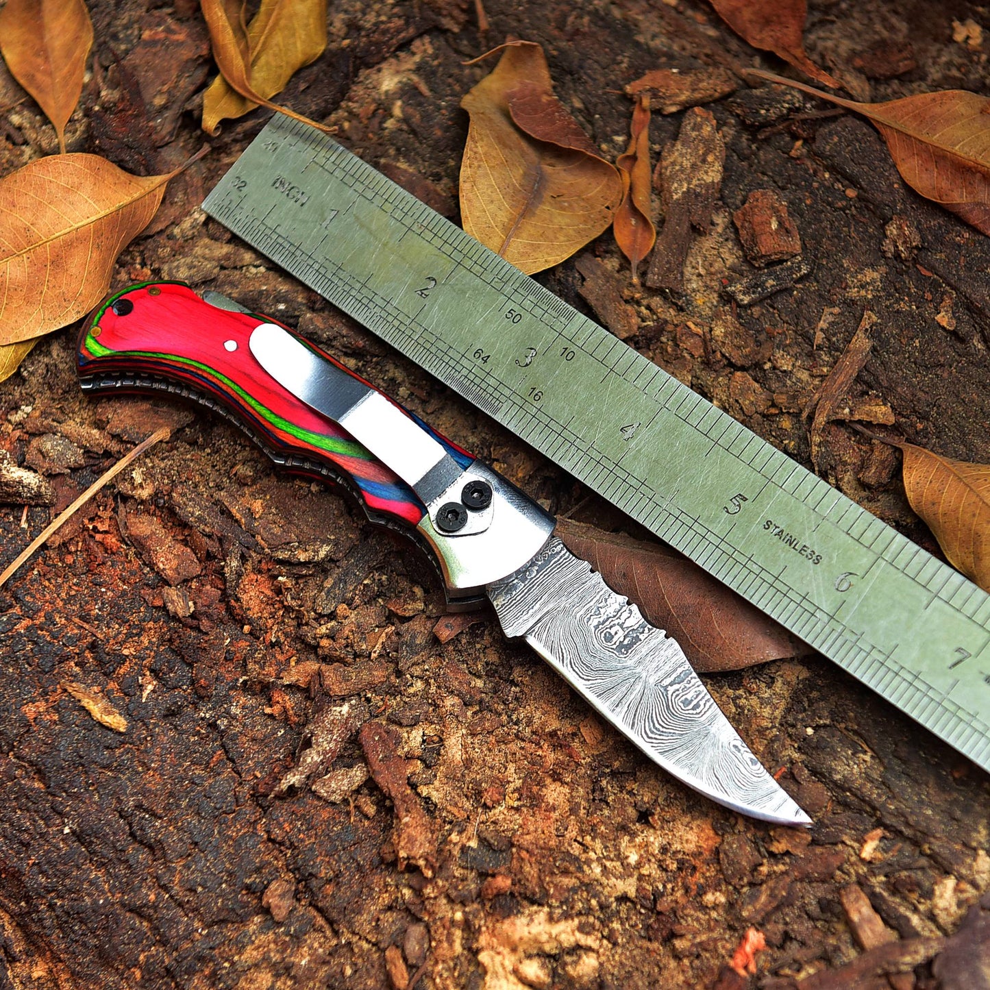 Custom Handmade Damascus Camping Folding Pocket Knife Wood Handle