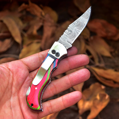 Custom Handmade Damascus Camping Folding Pocket Knife Wood Handle