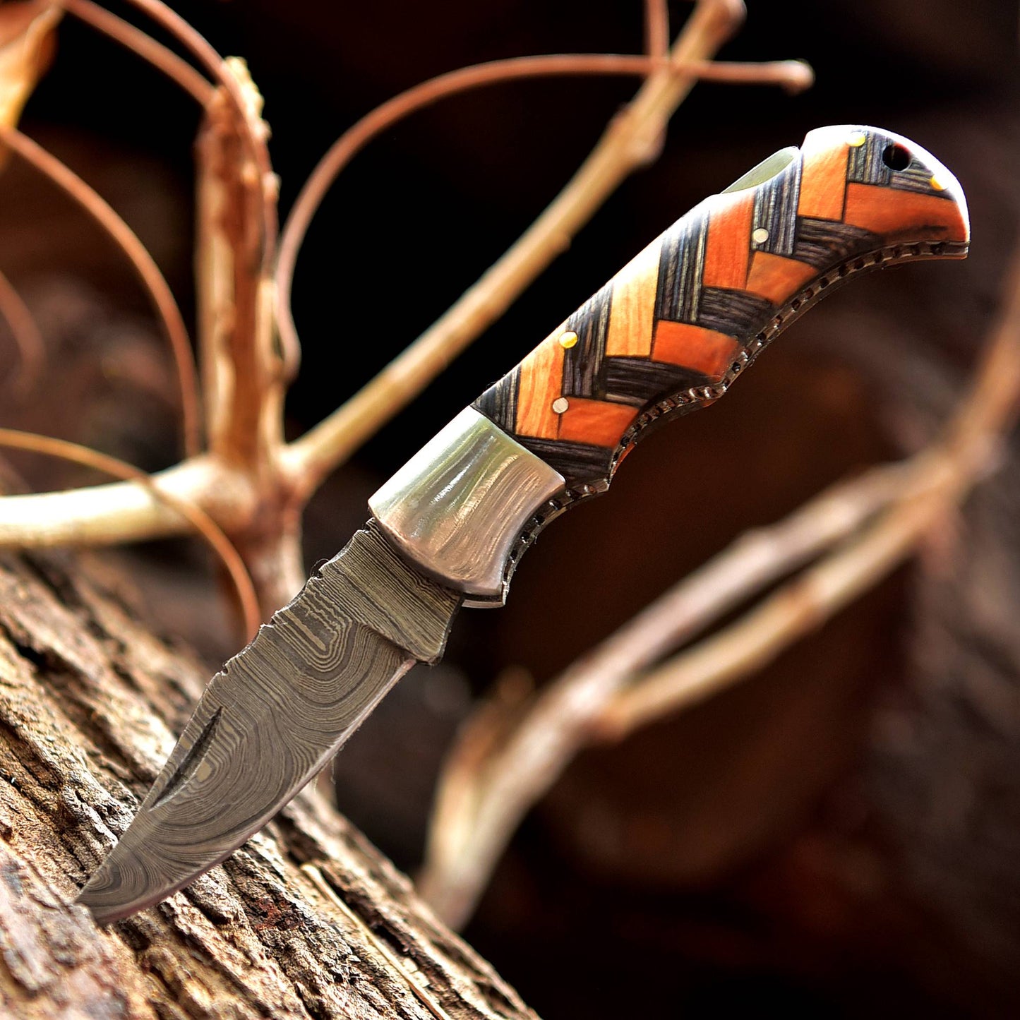 Handmade Damascus Steel Hunting Folding Knife Wood Steel Bolster Handle