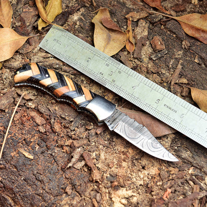 Handmade Damascus Steel Hunting Folding Knife Wood Steel Bolster Handle
