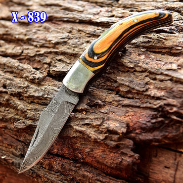 Handmade Damascus Pocket knife - 6.5" Folding blade knife PakkaWood Handle - Camping Knife