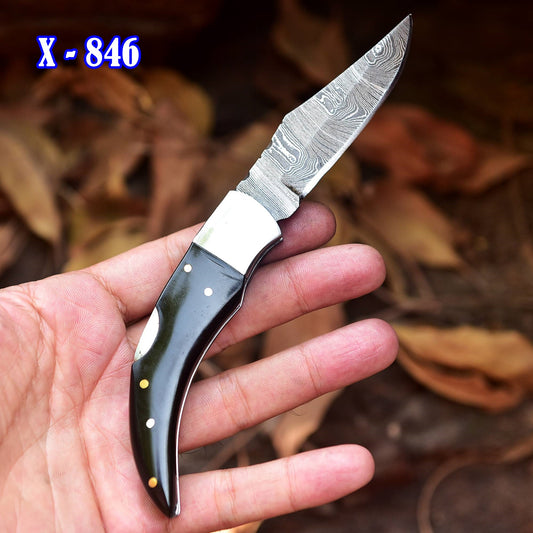 7" Handmade Damascus Pocket Knife - Folding Pocket Knife - Bull Horn Handle