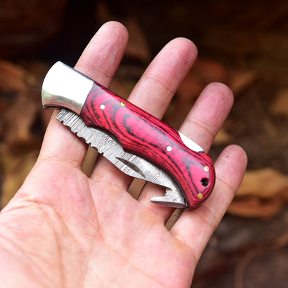 Custom Hand Forged Damascus Steel Folding Pocket Outdoor Adventure Knife