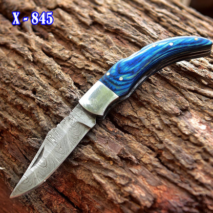 Custom Hand Forged Damascus Steel Hunting Camping Folding Knife Wood Handle