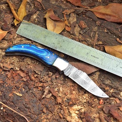 Custom Hand Forged Damascus Steel Hunting Camping Folding Knife Wood Handle