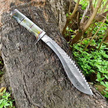 Custom Handmade Forged Damascus Steel Survival Hunting Bushcraft Kukri Knife EDC 16” With Camel Bone Handle