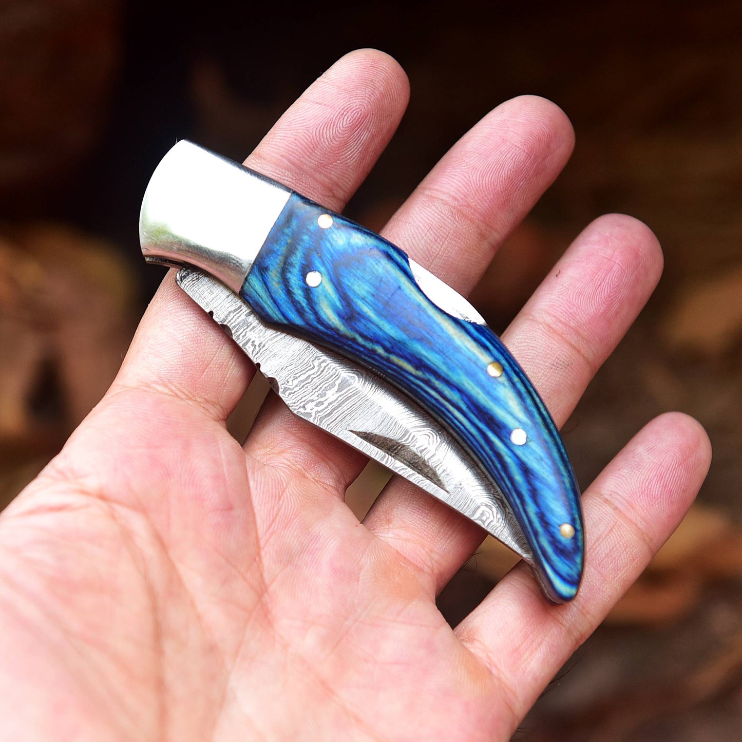 Custom Hand Forged Damascus Steel Hunting Camping Folding Knife Wood Handle