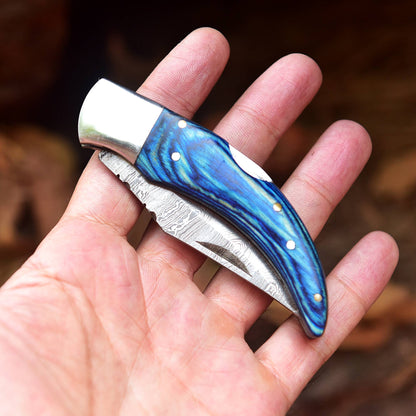 Custom Hand Forged Damascus Steel Hunting Camping Folding Knife Wood Handle