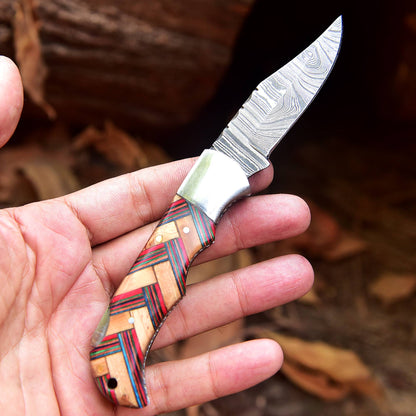 Handmade Damascus Steel Hunting Folding Pocket Knife With Sheath EDC