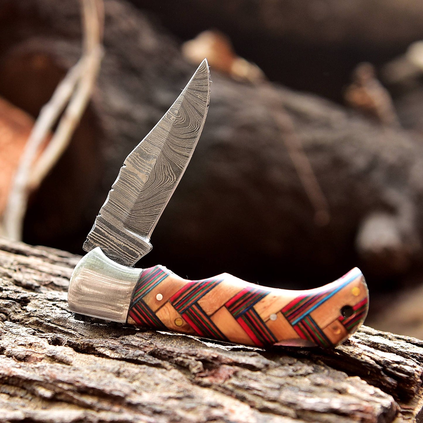 Handmade Damascus Steel Hunting Folding Pocket Knife With Sheath EDC