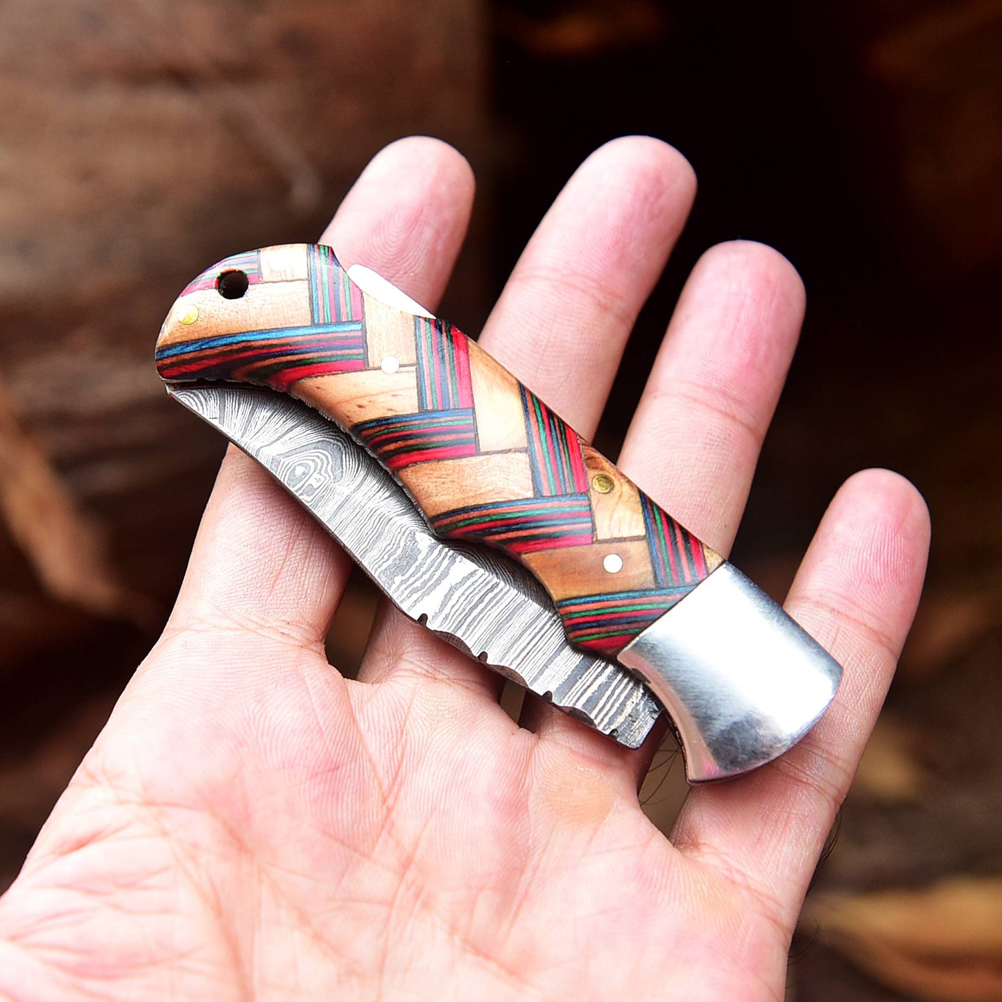 Handmade Damascus Steel Hunting Folding Pocket Knife With Sheath EDC