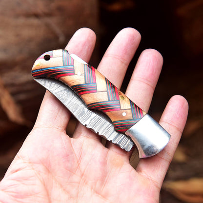 Handmade Damascus Steel Hunting Folding Pocket Knife With Sheath EDC