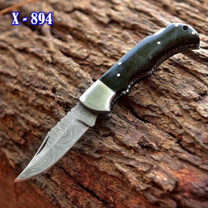 Handmade Damascus Back Lock Folding Blade Pocket Knife Resin Handle