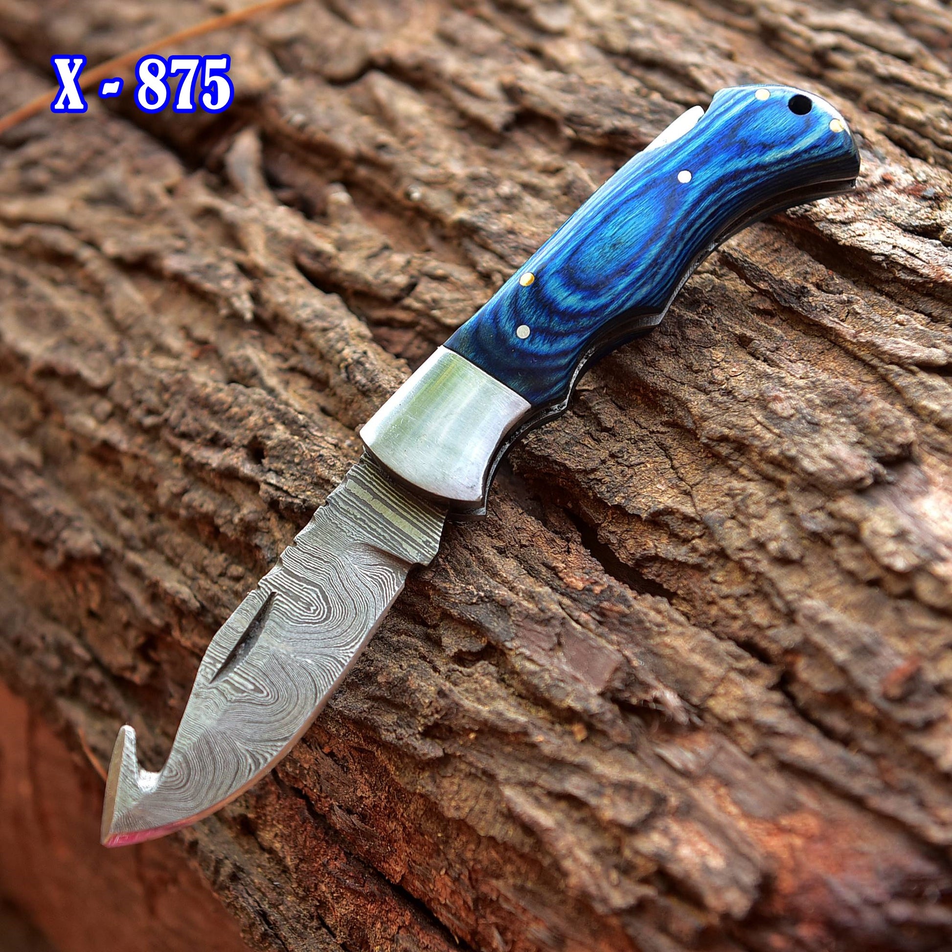 Handmade Damascus Pocket Folding Guthook Blade Knife - Blue PakkaWood Handle