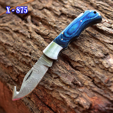 Hand Forged Damascus Steel Gut Hook Folding Blade Back Lock Pocket Knife