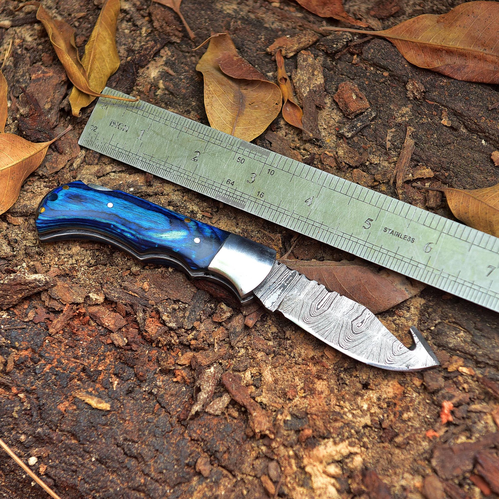 Handmade Damascus Pocket Folding Guthook Blade Knife - Blue PakkaWood Handle