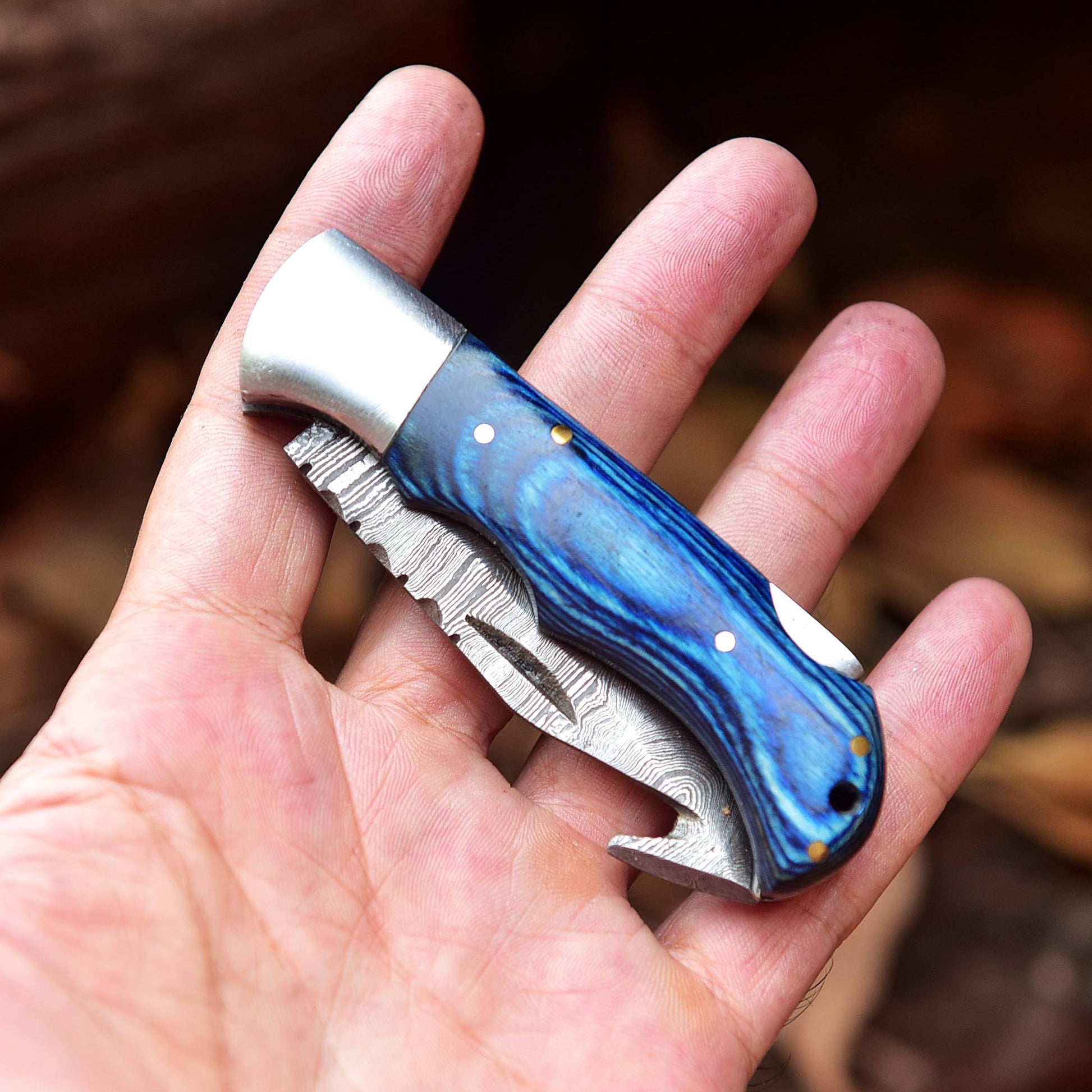 Handmade Damascus Pocket Folding Guthook Blade Knife - Blue PakkaWood Handle